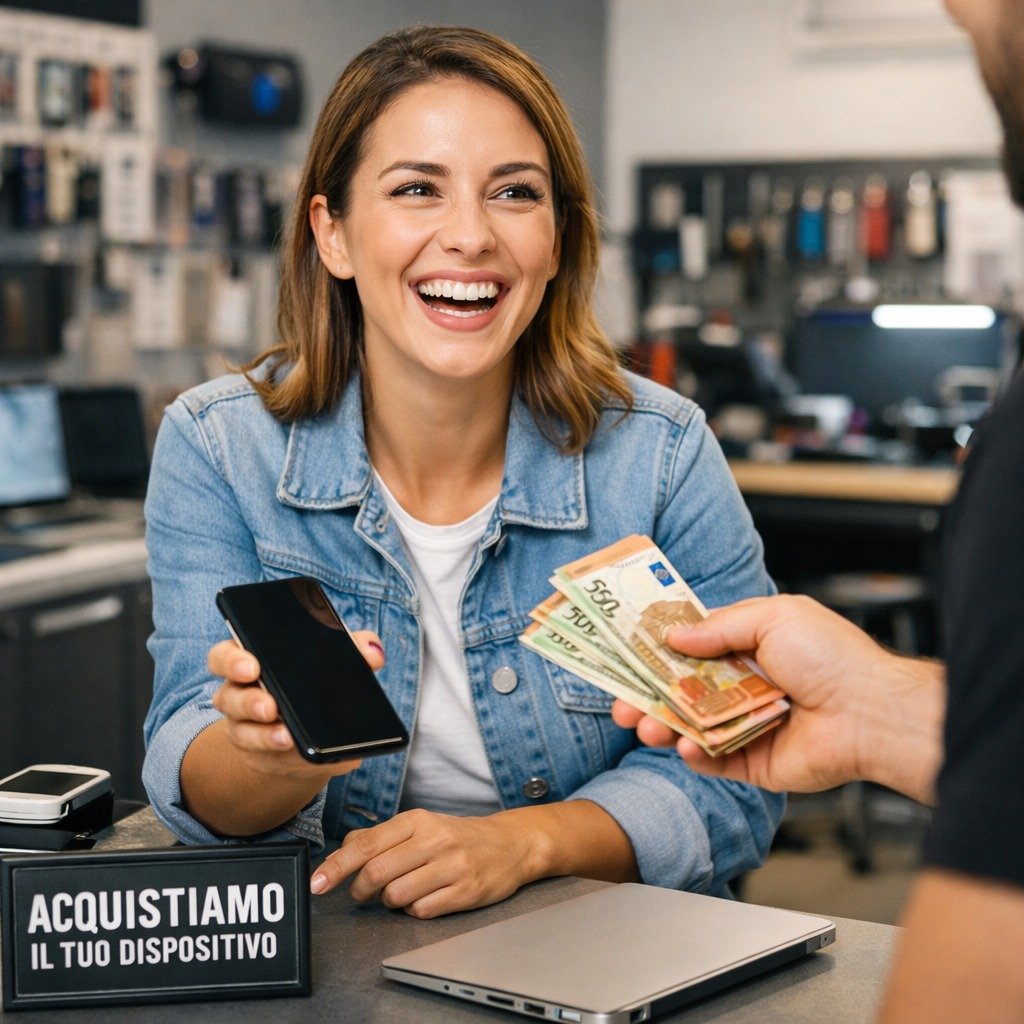 Cliente felice che vende il telefono e riceve pagamento